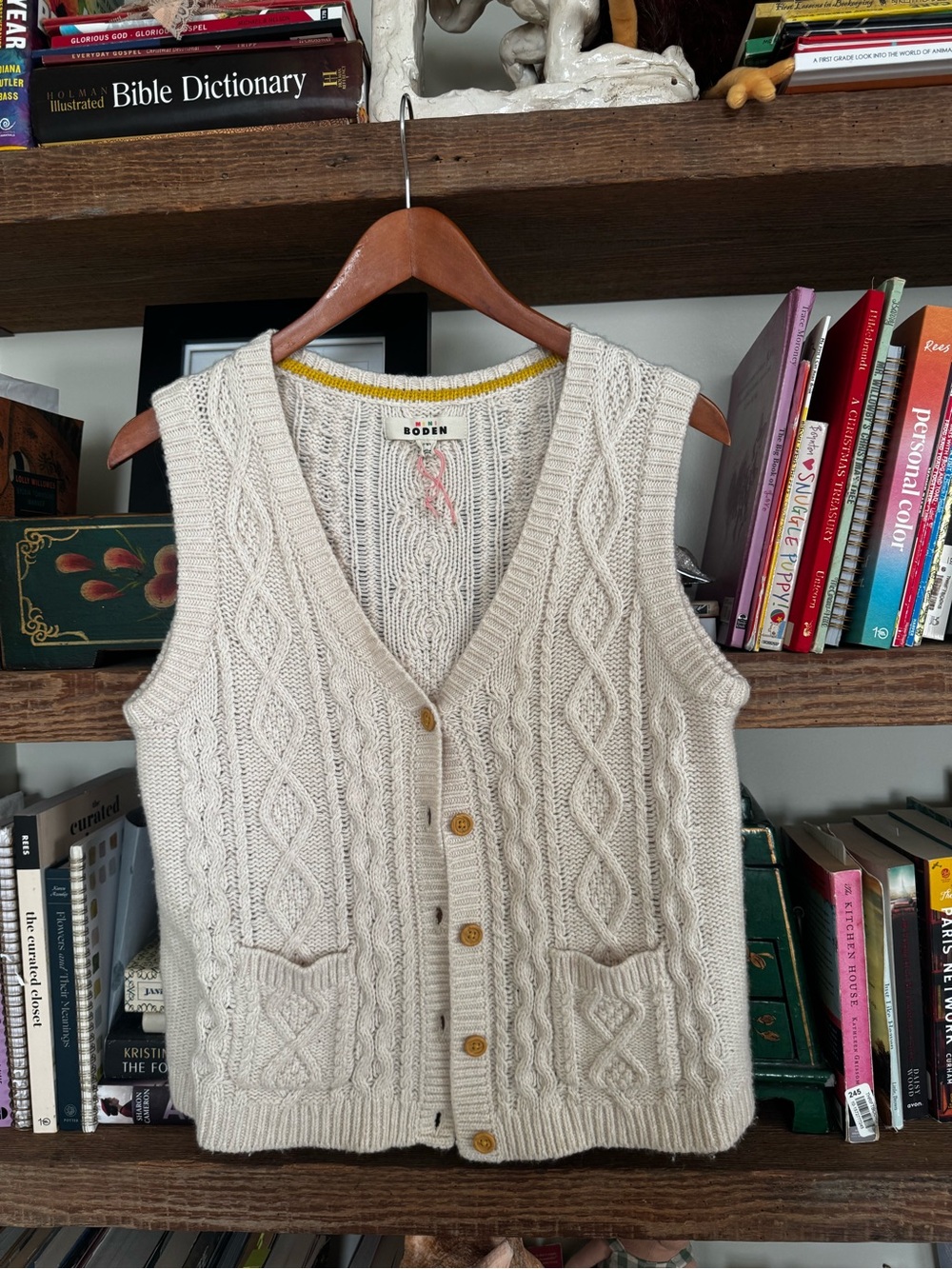 Mini Boden Cream Cable-Knit Button Front Sweater Vest
